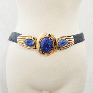 Vintage Salena's Collection gold waist belt blue lapis stone black snake leather